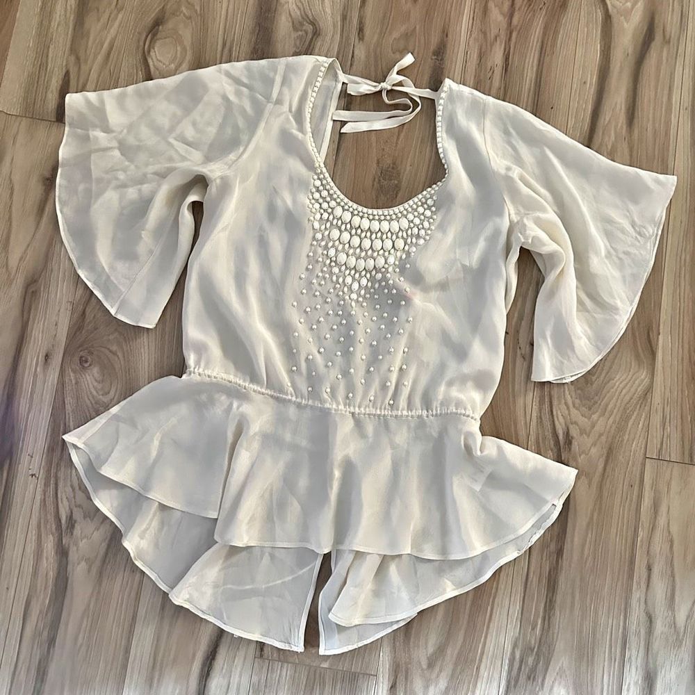 Plenty by Tracy Reese Sheer Ivory Beaded Tie Back Flowy Blouse Size M